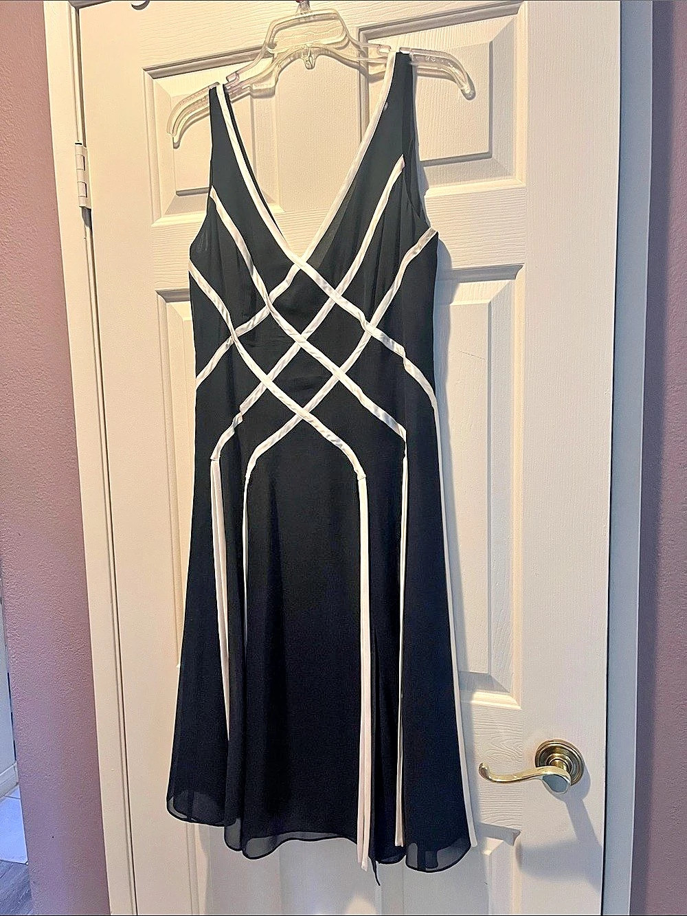 Adrianna Papell Evening Geometric Trim Midi Dress in Black & cream Size 12
